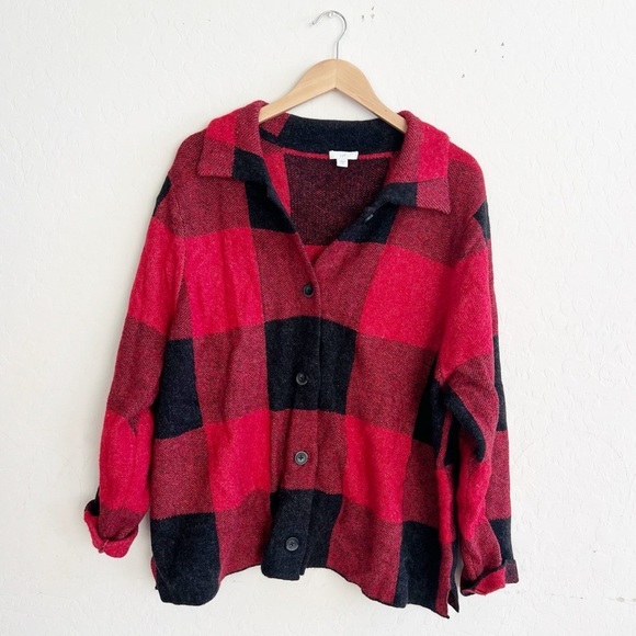 J. Jill Red Black Plaid Button Front Sweater - Picture 3 of 8